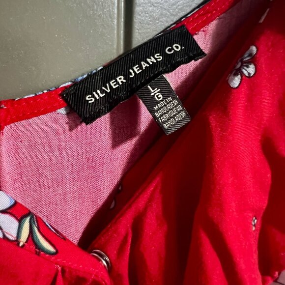 Silver Jeans Co. Red Floral Wrap Dress with Ruffles | Size L | Cranes & Blossoms - Picture 9 of 12